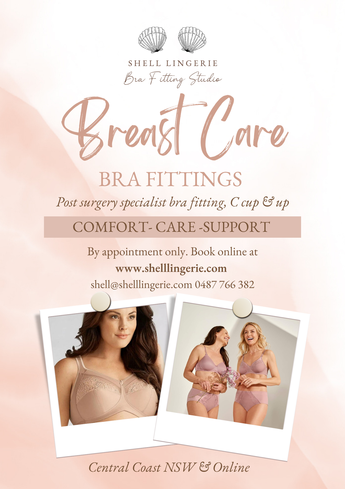 breast care bra fitting, post-surgery bra fitting, mastectomy bra fitting, breast cancer bra fitting, Central Coast bra fitting, Shell Lingerie, Amoena bras, breast health, mastectomy support, fuller bust bra fittings Central Coast.